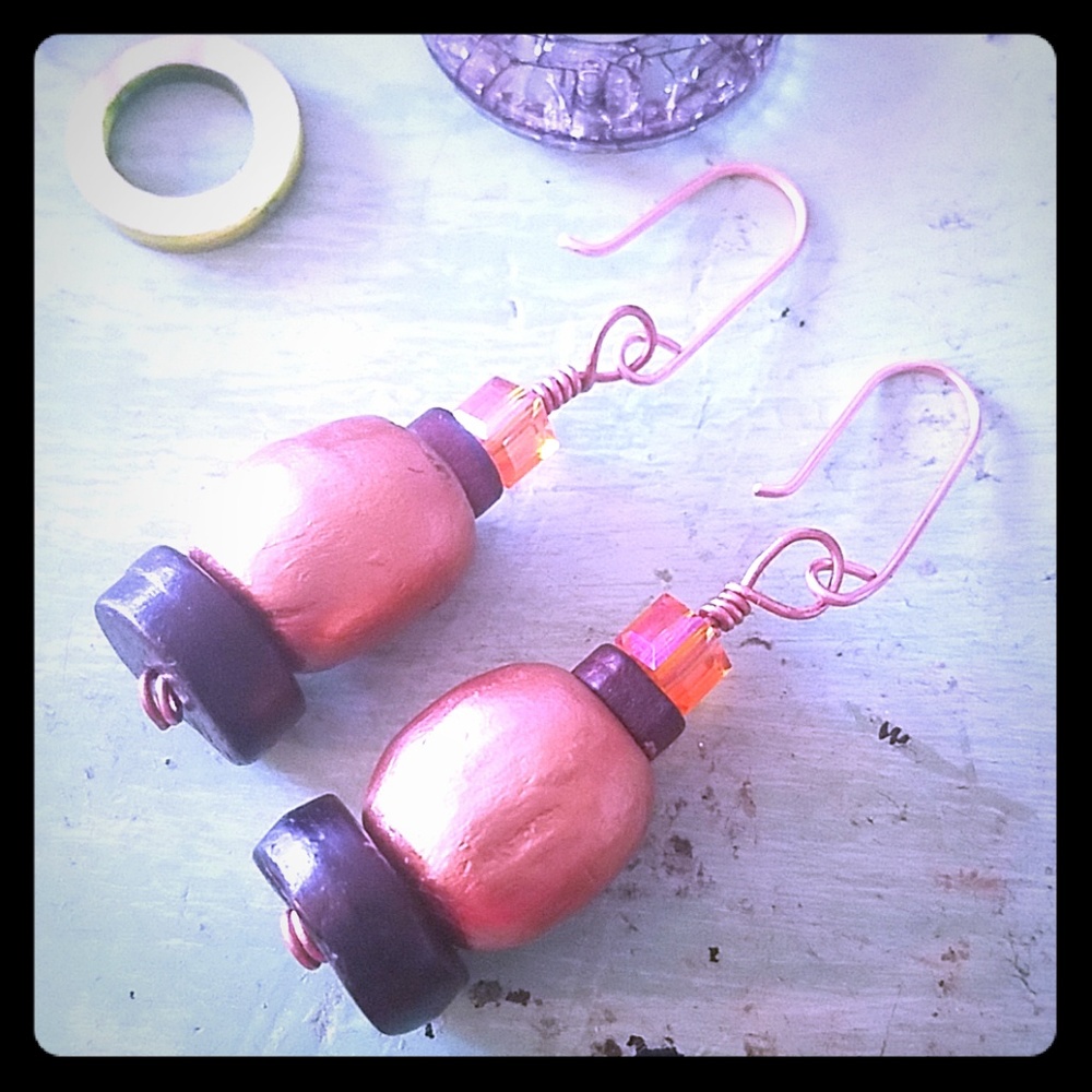 Copper colored wood and glass earrings